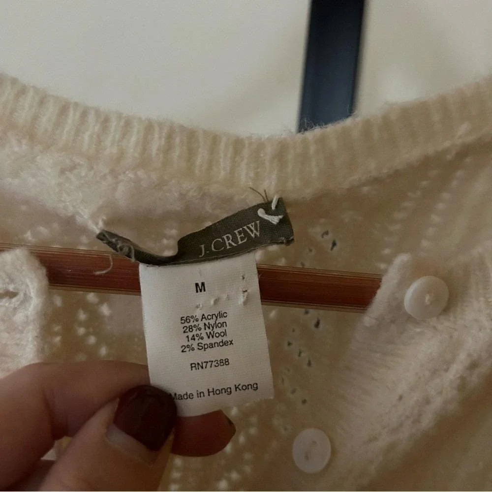 Vintage J. Crew Wool Pointelle Henley Sweater Buttons Knit Cream White Size‎ M
